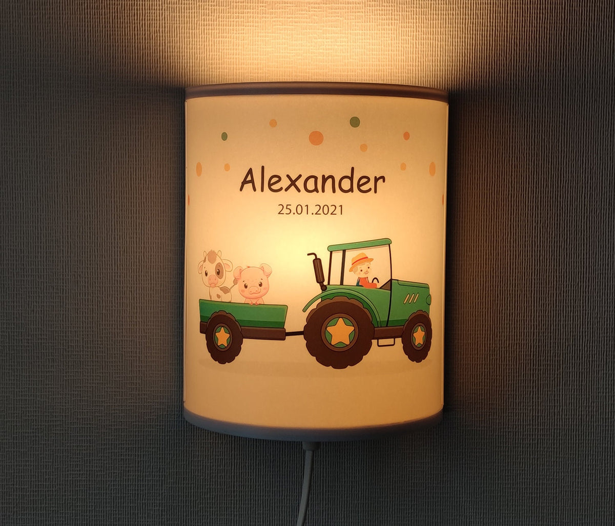 Kinderlampe Traktor Bauernhof Tiere mit Namen LED Wandlampe