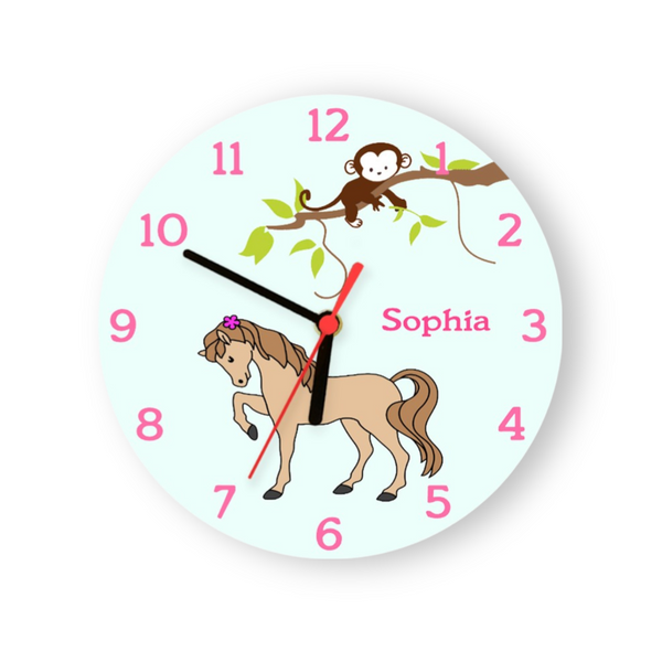 Kinder Wanduhr Affe Pferd Uhr Mädchen Rosa personalisiert