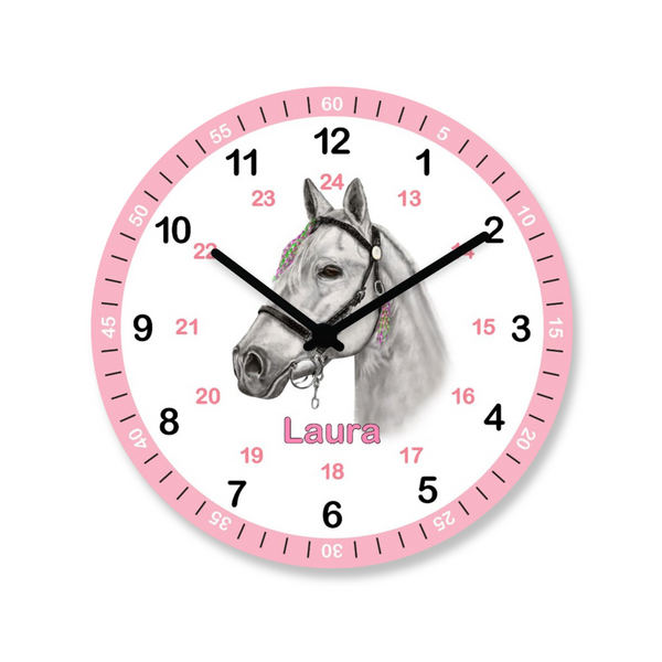 Uhr für Mädchen Wanduhr Pferd Lernuhr Rosa mit Wunsch Uhrwerk lautlos
