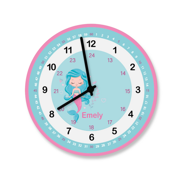 Kinderzimmer Uhr Meerjungfrau Lernuhr mit Namen personalisiert Wanduhr Uhrwerk lautlos