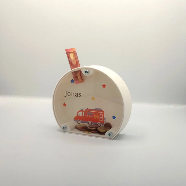 Spardose Feuerwehr personalisiert Geschenk mit Name Kinderzimmer Sparschwein Auto Kinder