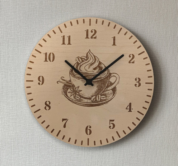 Küchenuhr Kaffee Tasse Holz Wanduhr Gravur Küche Uhr 30 cm ohne Ticken