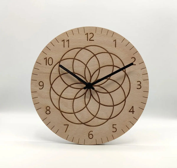 Holz Wanduhr Blume des Lebens Geometrie Gravur Uhr lautlos 25 cm Wohnzimmeruhr faramosa