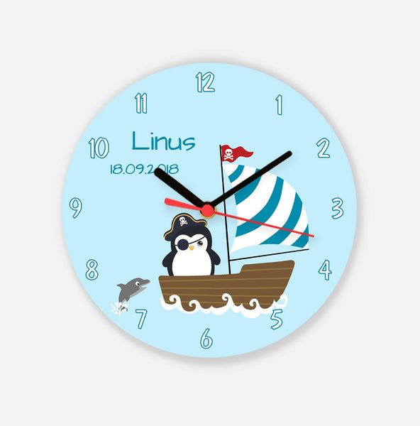 Kinderwanduhr Pinguin Pirat Segelschiff Wanduhr mit Namen Kinder Uhr