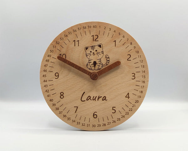 Lernuhr Holz 20 cm Katze Uhr lesen lernen wahlweise mit Namen Uhrzeit lernen Uhr