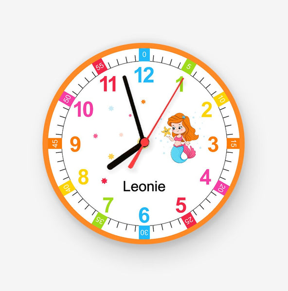 Uhr Kinderzimmer Meerjungfrau Wanduhr Deko personalisiertes Geschenk mit Name Lernuhr