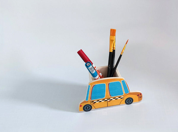 Auto Taxi Stiftebox Schreibtisch Kinderzimmer Stiftehalter aus Holz Schule Stifthalter Kinder